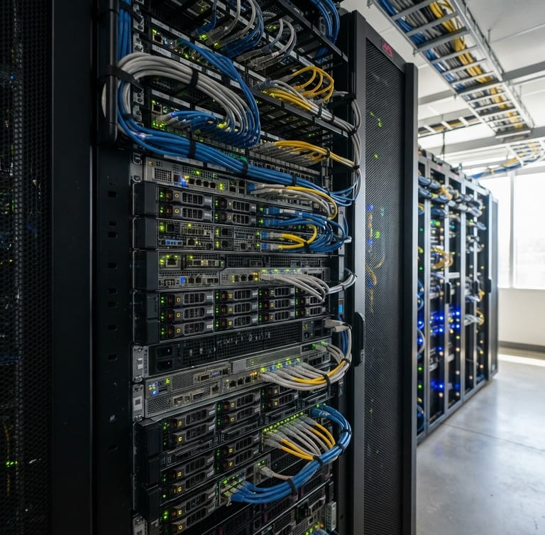 Close-up of server racks with clean wiring, glowing status lights, crisp editorial photography, natural office daylight, sharp focus