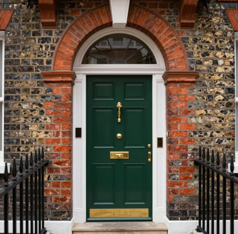 A grand Edwardian timber-alternative front door in deep forest green with polished brass hardware, framed by a classic brick archway in North London, soft overcast daylight, 35mm