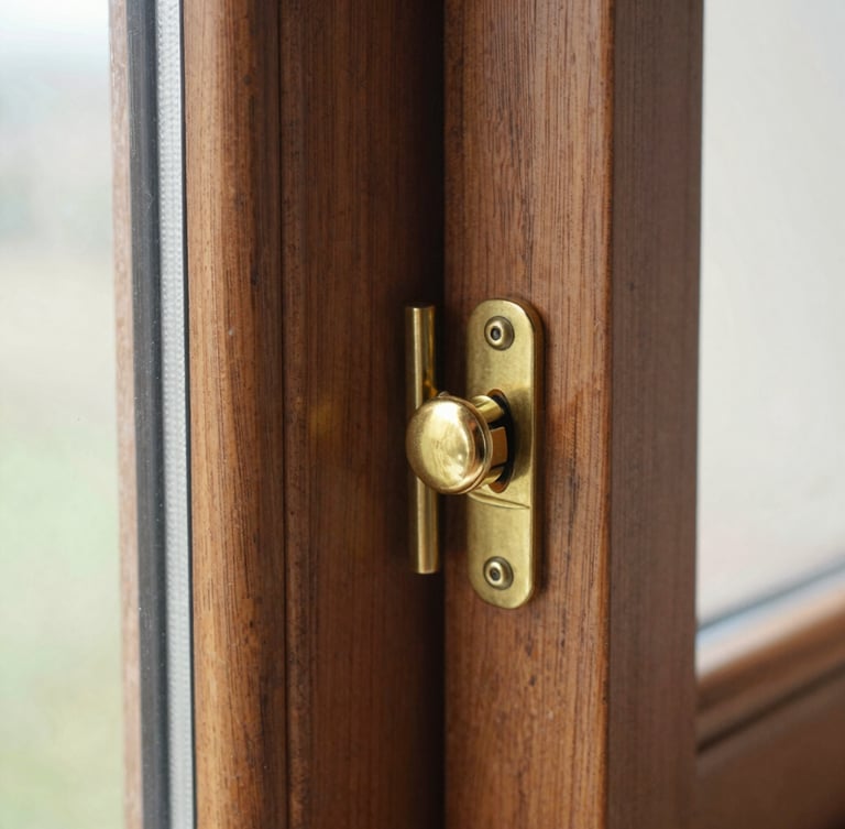 A detailed macro close-up of a premium timber-alternative window joint, showing authentic wood-grain texture and a polished brass sash fastener under soft natural daylight.