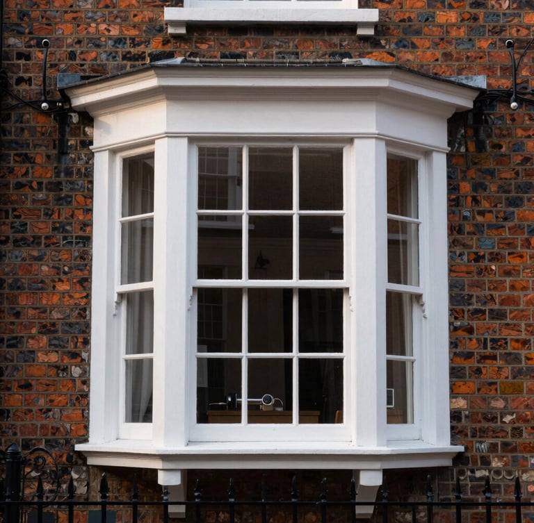 Straight-on architectural photo of a Victorian bay window with white timber sash frames, soft English afternoon light, brick facade.