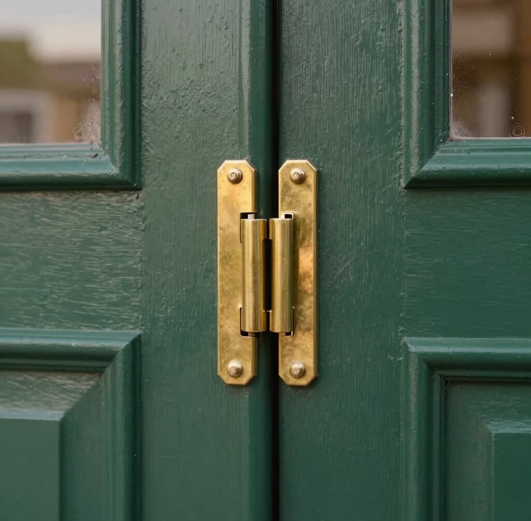 Detailed close-up of a robust multi-point brass locking mechanism integrated into a dark green door frame, warm natural light