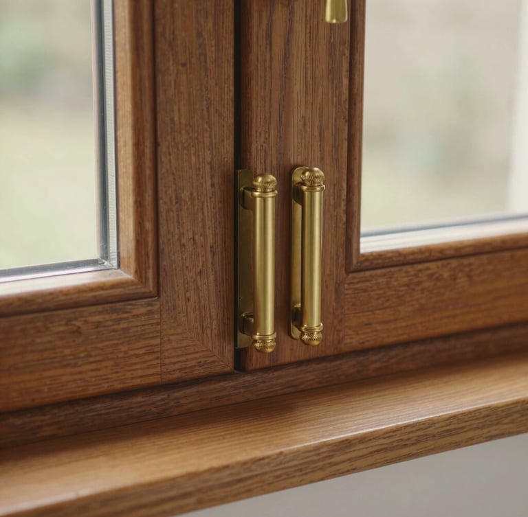 Close-up of a timber-alternative window joint with elegant brass hardware, showing detailed woodgrain texture, warm editorial photography, soft natural English daylight, 35mm