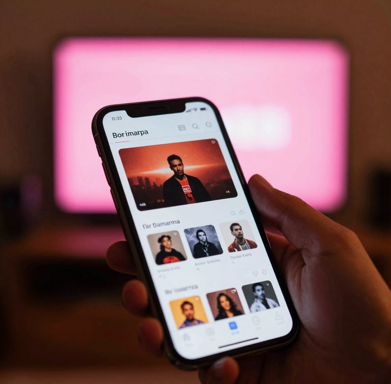 Close-up of a hand holding a smartphone displaying a music streaming interface, warm ambient neon pink glow from a TV screen in the background, cinematic 35mm photography.