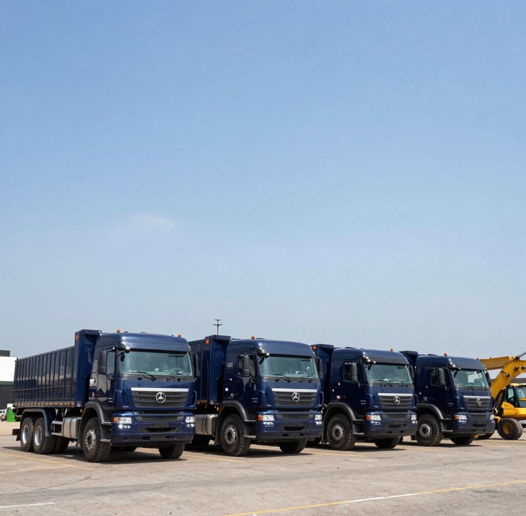 Low-angle heroic wide shot of a pristine fleet of deep navy heavy-duty trucks and yellow excavators parked in a clean, organized Lagos staging bay under bright daylight.