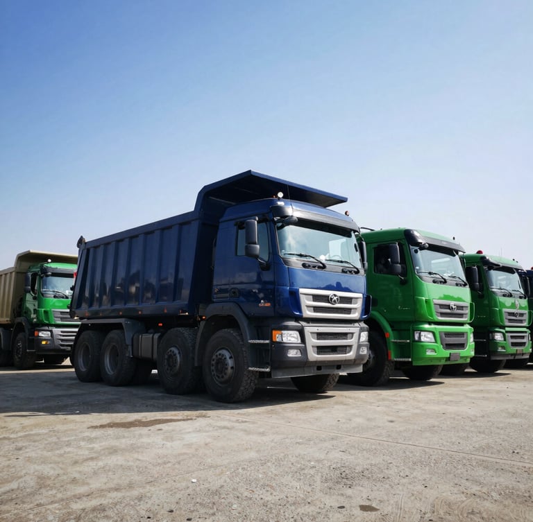 Low-angle heroic wide shot of a line of brand-new heavy-duty dump trucks and trailers parked in a clean Apapa bay, bright high-contrast daylight with deep shadows.