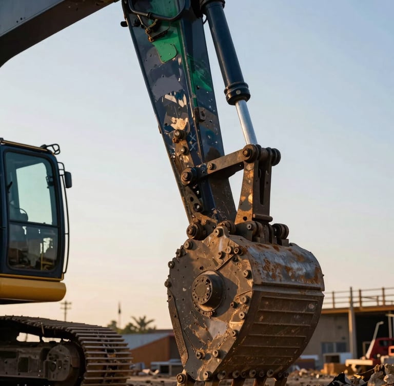 Close-up of industrial excavator joint in active construction site, dramatic golden hour lighting, sharp focus, 35mm lens