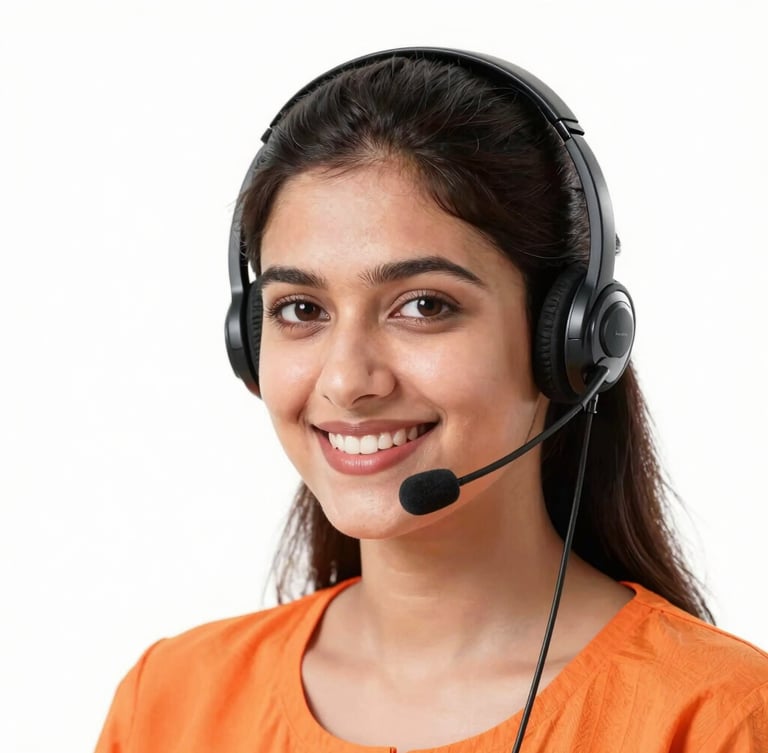 Bright high-key studio shot of a smiling Pakistani customer support agent with headset, clean white background, vibrant orange details, professional lighting.