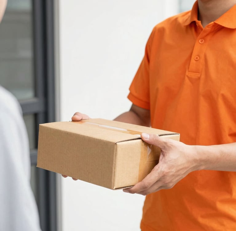 Close-up of a delivery rider in a bright orange shirt handing over a brown package to a customer at a doorstep, bright daylight, sharp focus