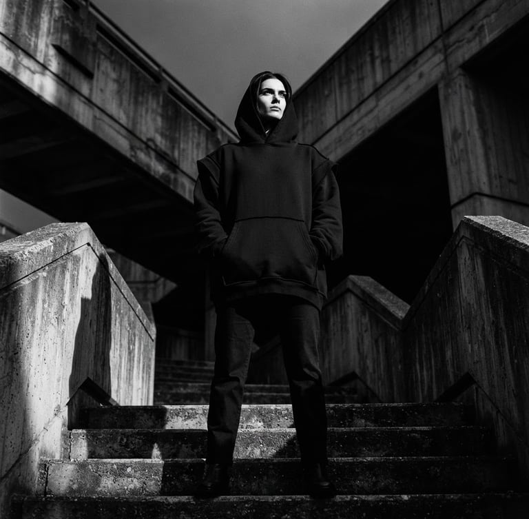 Low angle dramatic shot of a model standing in a raw concrete urban environment, wearing an oversized heavyweight black hoodie with structured drop shoulders, sharp side-lighting, deep shadows, 35mm film.