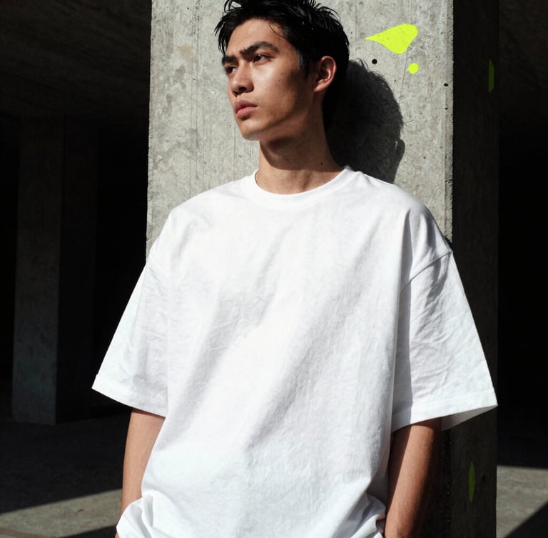Wide architectural crop of a model leaning against a raw concrete pillar, wearing an oversized white drop-shoulder tee with heavy fabric folds, dramatic side-lighting.