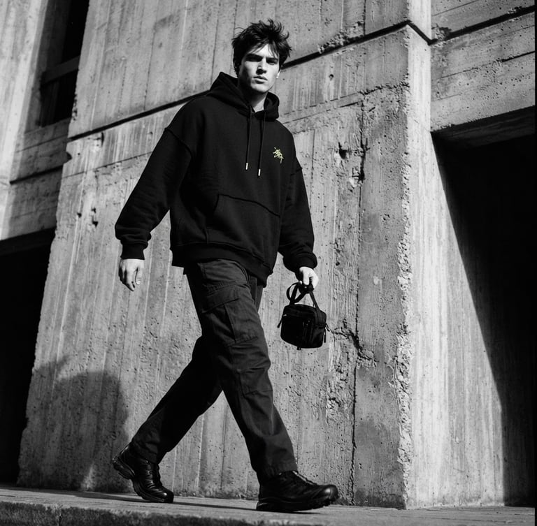 Low-angle dynamic fashion photography of a model wearing a heavy-weight black drop-shoulder hoodie against a raw concrete brutalist wall, sharp side-lighting, 35mm film.
