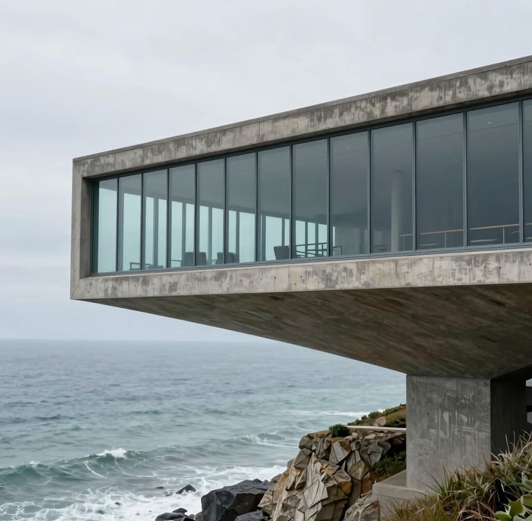 Perfect architectural alignment, a sharp cantilevered concrete structure over an ocean cliff in Kent, overcast daylight, level framing, architectural glass.