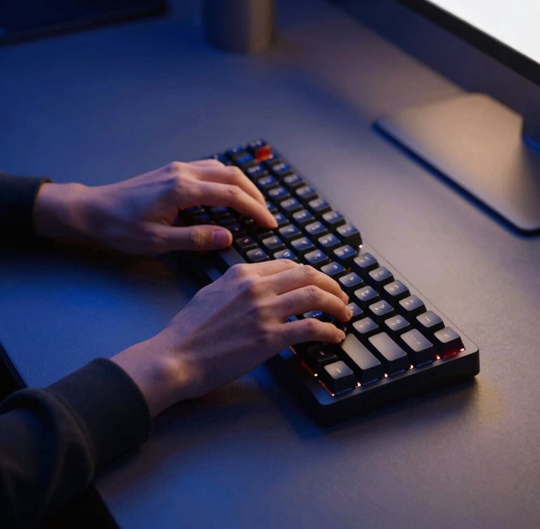 A clean modern workspace with hands typing on a mechanical keyboard, low-key dramatic lighting with deep blue shadows and warm amber highlights, 35mm focus
