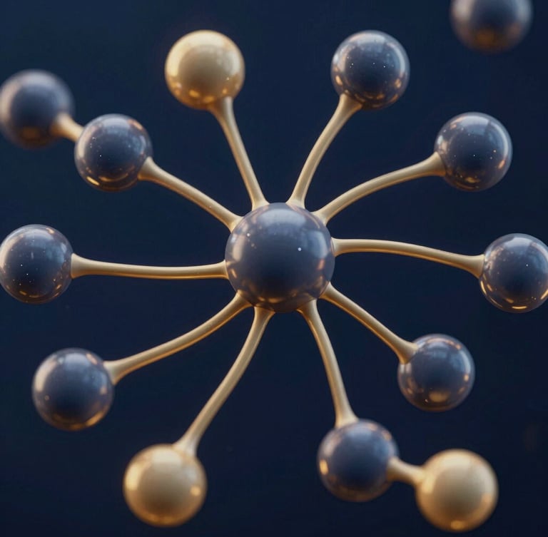 High-resolution digital render of molecular pathways in the central nervous system, cool laboratory light with subtle gold accents, macro framing, deep navy background.