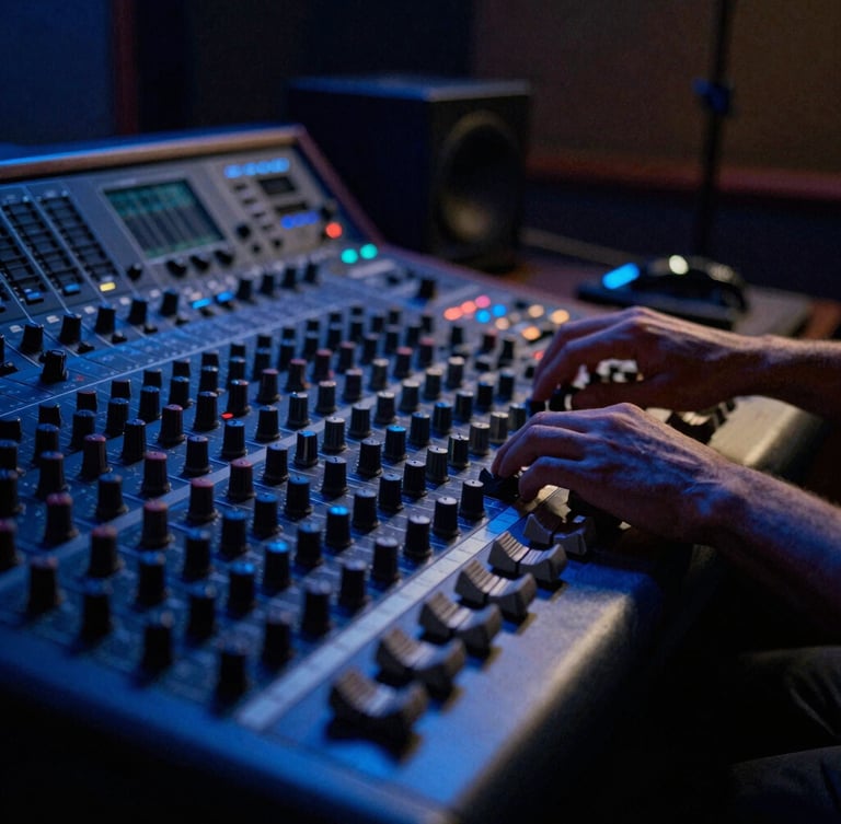 Low-angle cinematic shot of a modern music producer working at an analog mixing console, dramatic cobalt blue and amber backlighting, deep shadows, 35mm film grain