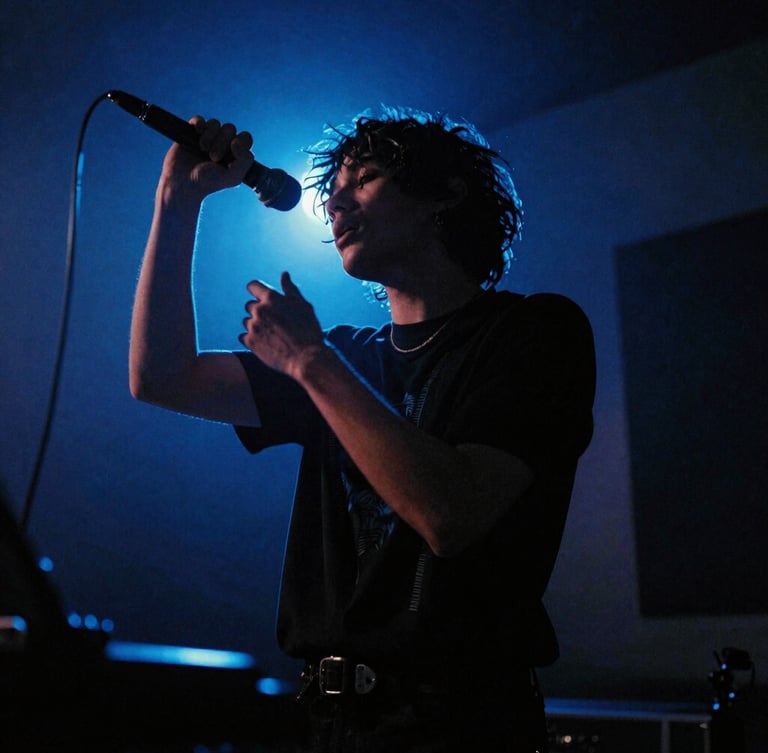 Dynamic low-angle portrait of a musical artist performing in a moody, low-key studio environment with electric blue backlighting, 35mm film grain style.
