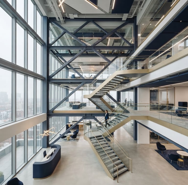 Wide shot of a modern, clean-lined corporate office interior, abstract structural geometry of steel and glass, soft overcast daylight through large windows, muted navy and champagne gold tones, sharp focus, 35mm lens