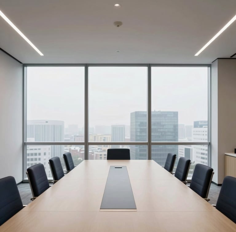 Modern, clean-lined corporate office interior, featuring a long conference table and large windows overlooking a city, soft natural light, minimalist design, symbolizing professionalism and stability.