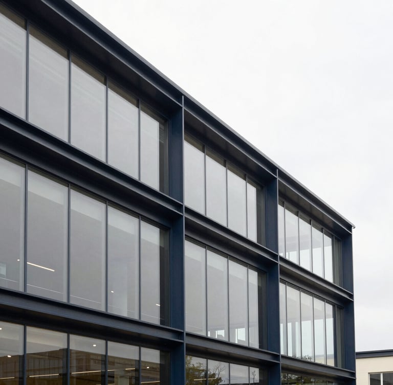 Wide shot of a modern, clean-lined corporate office interior, focus on structural steel and glass, soft overcast daylight, muted navy and champagne gold tones, sharp focus, 35mm lens.