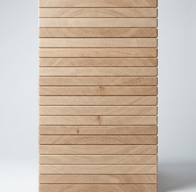 Close-up of a perfectly stacked pile of smooth, unvarnished wooden chopping boards, precise geometric arrangement, bright studio lighting, soft technical shadows, cool grey tones, macro focus on wood grain.