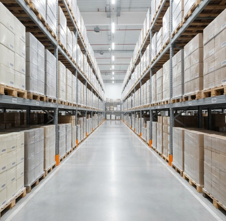 Wide shot of a clean, highly organized warehouse aisle with stacked pallets of neutral-toned product boxes, bright diffused studio lighting, cool grey and white tones, no people.