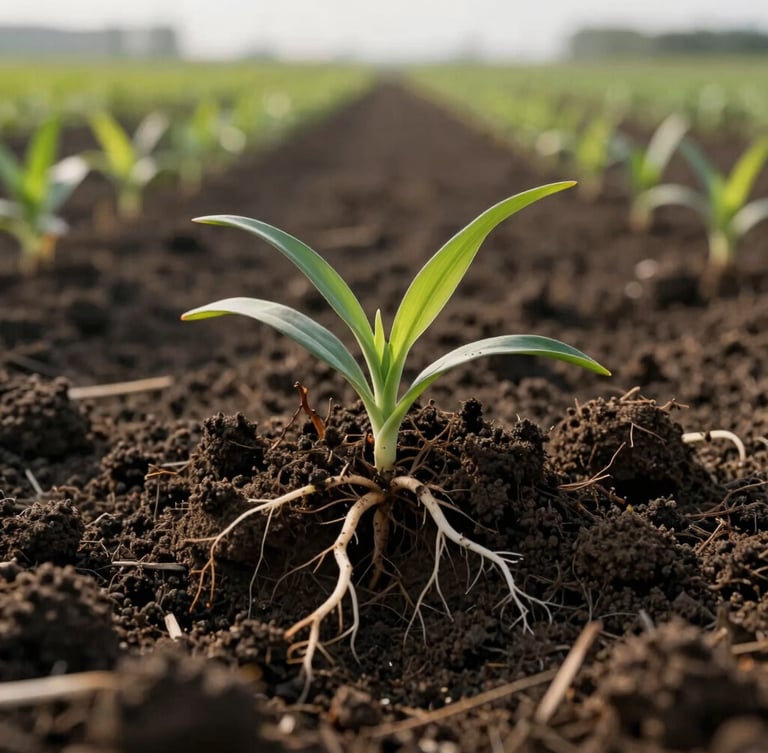 Macro shot of dark, nutrient-rich soil with visible root structures and green sprouts, high-contrast morning light, cinematic agricultural crop field in background.
