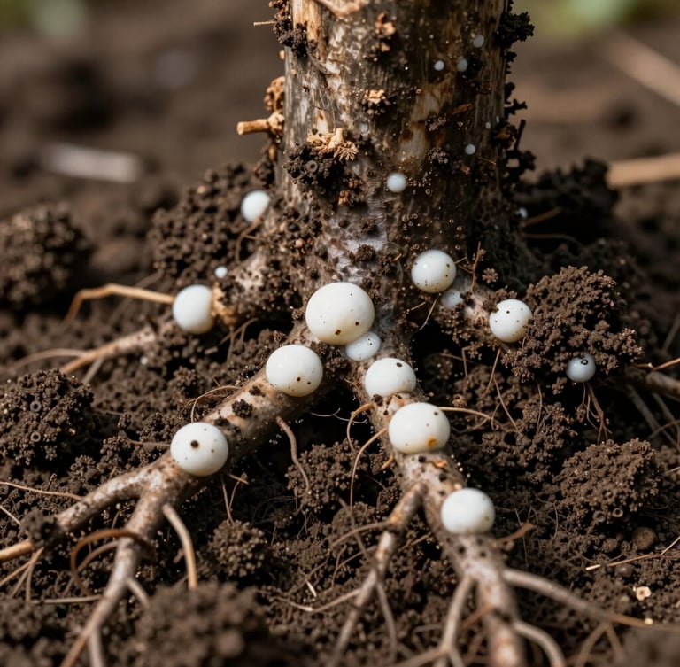 Extreme macro shot of dark nutrient-rich porous soil with active white biological nodules on a strong root system, natural high-contrast morning light highlighting earth textures