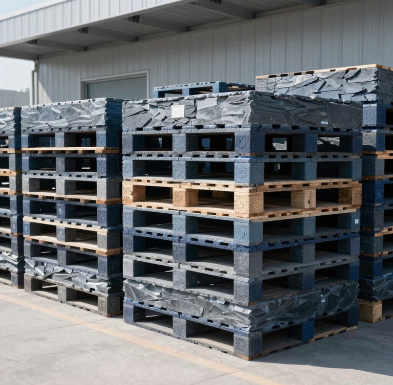 Crisp industrial photography of a clean, modern logistics terminal, neatly stacked pallets under natural daylight, cool slate tones, 35mm