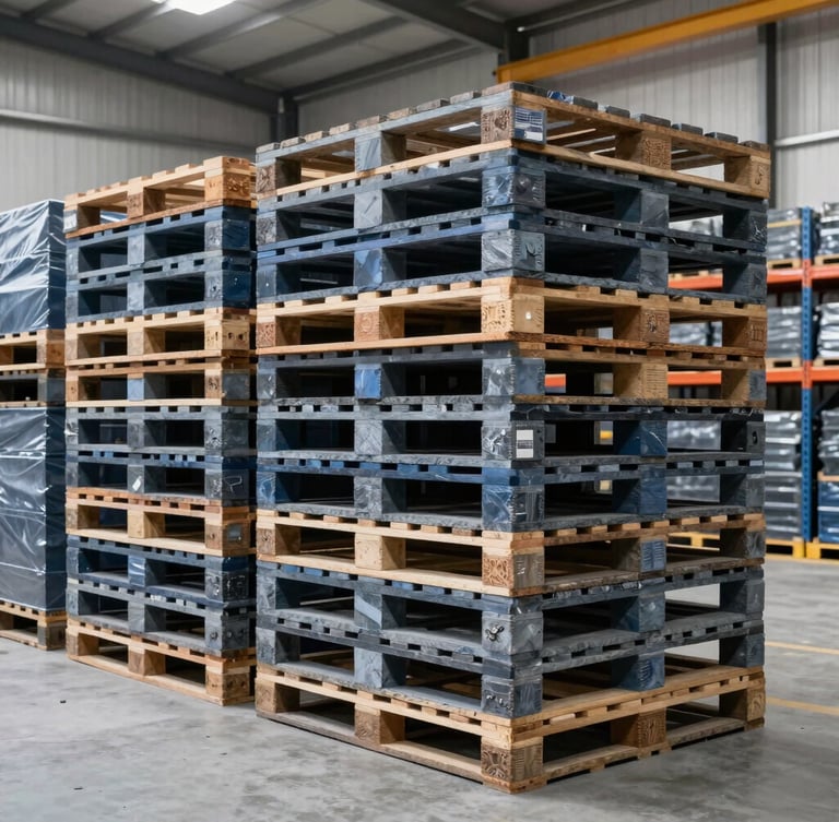 Crisp industrial photography of a clean warehouse interior, neatly stacked pallets on tall steel racks under natural daylight, cool slate tones, 35mm wide angle