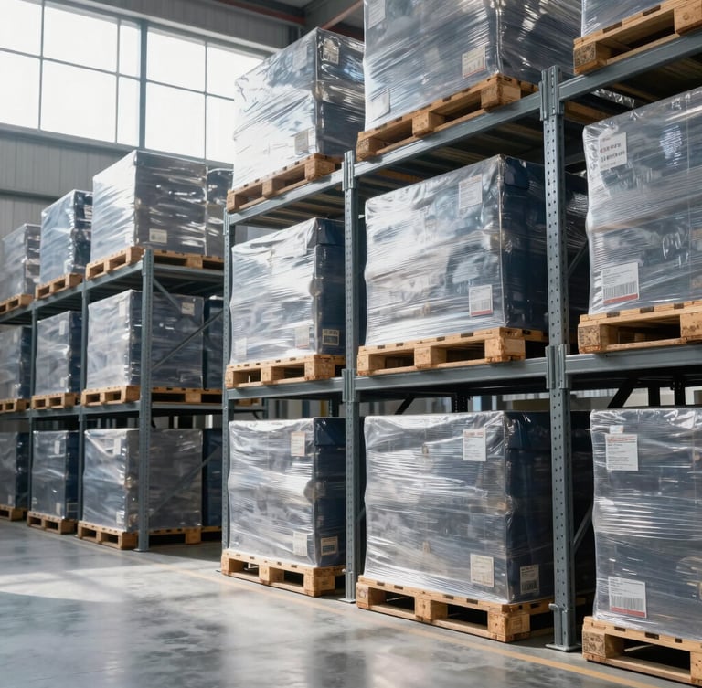 Wide environmental shot of an organized modern logistics hub, towering steel racks with neatly wrapped pallets, crisp daylight streaming from high windows, cool slate and navy tones, sharp focus, 35mm