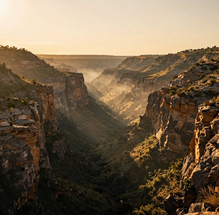 A majestic wide shot of Santa Catarina canyons during golden hour, soft mist rising from the valley, warm editorial photography style, 35mm lens