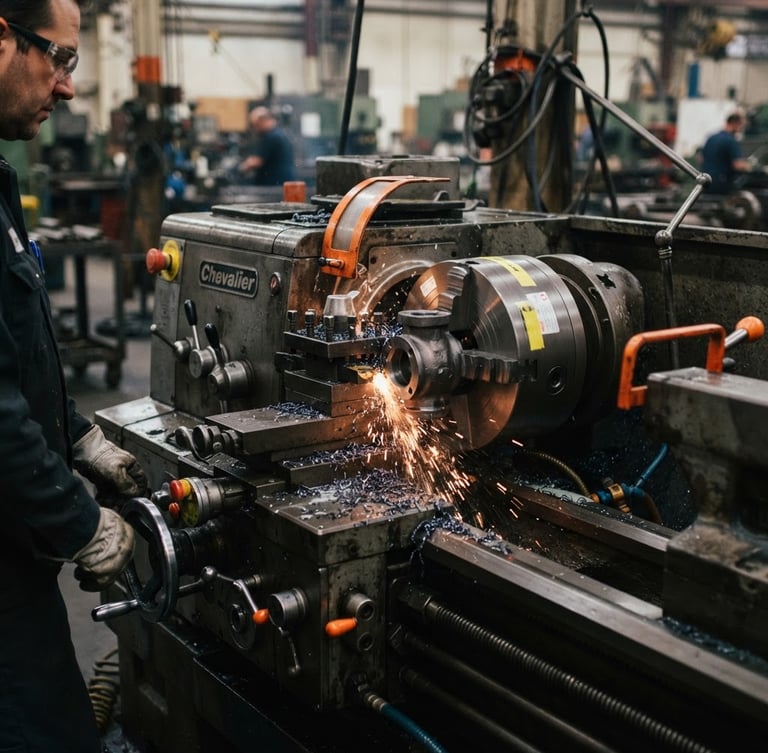 Close-up documentary photography of a heavy industrial lathe machining a steel valve component, high-contrast shadows, safety orange markings, sharp 35mm focus.