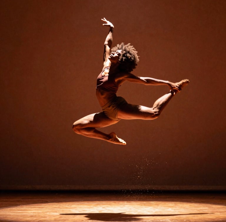 Dynamic action shot of an Afro-Brazilian dancer mid-leap, warm theatrical side-lighting casting deep shadows, golden dust particles in the air, rich terracotta tones, 35mm film style.