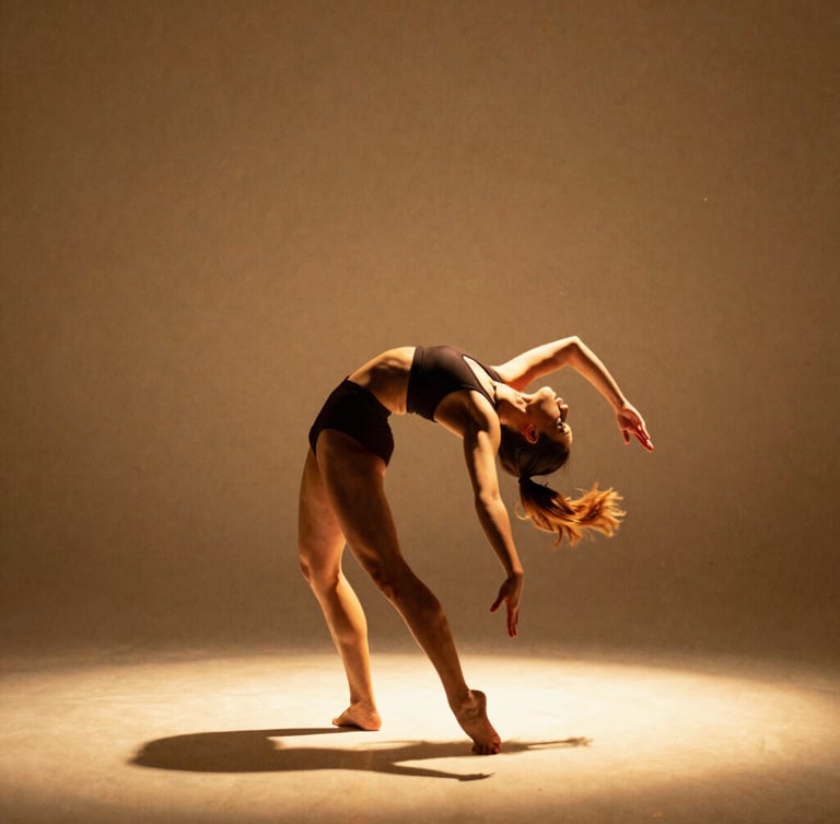 Warm editorial photography of a solo dancer in a dynamic back-bent pose, dramatic side-lighting casting golden shadows on sand-beige background, 35mm film grain.