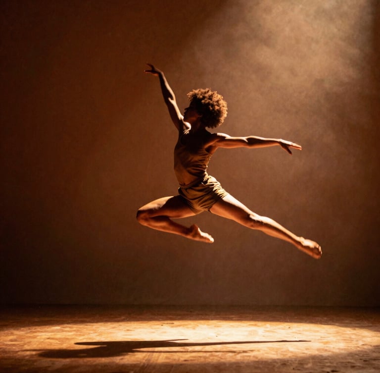 Dynamic wide action shot of a contemporary Afro-Brazilian dancer in mid-leap, dramatic theatrical side-lighting, warm golden and terracotta tones, intentional motion blur, 35mm film feel.