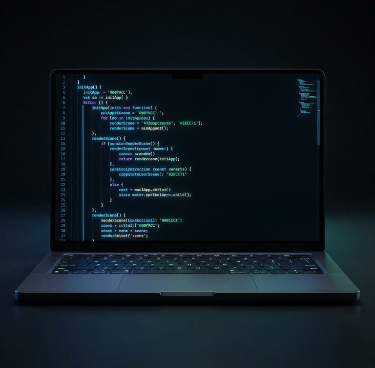 Sleek dark-themed device mockup displaying a clean code editor with vibrant neon blue and green syntax highlighting, ultra-minimalist 3D render, high-contrast studio lighting