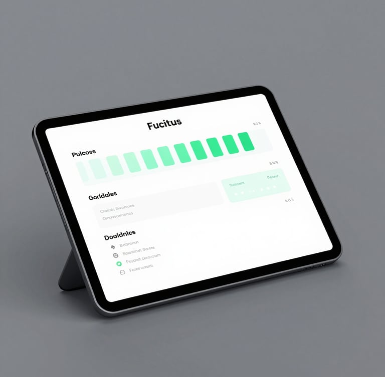 Sleek 3D render of a dark-themed tablet mockup displaying a clean brand guidelines page, neon blue ambient glow.