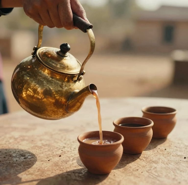 Candid close-up of hands pouring spiced chai from a brass kettle into small clay cups, warm golden-hour light, soft shadows, 35mm film aesthetic
