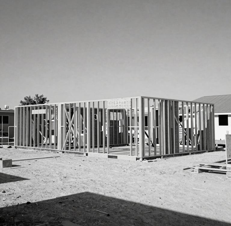 Wide-angle gritty editorial shot of a Houston residential renovation site under harsh midday Texas sun, exposed framing, high-contrast desaturated tones.
