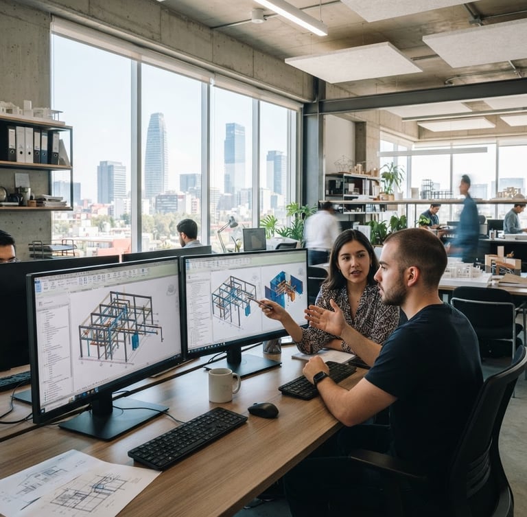 Crisp architectural photography of a bright, modern Mexico City engineering studio, young engineers collaborating over dual-monitor setups showing complex Revit models, natural daylight mixed with cool screen glows, sharp focus, 35mm lens