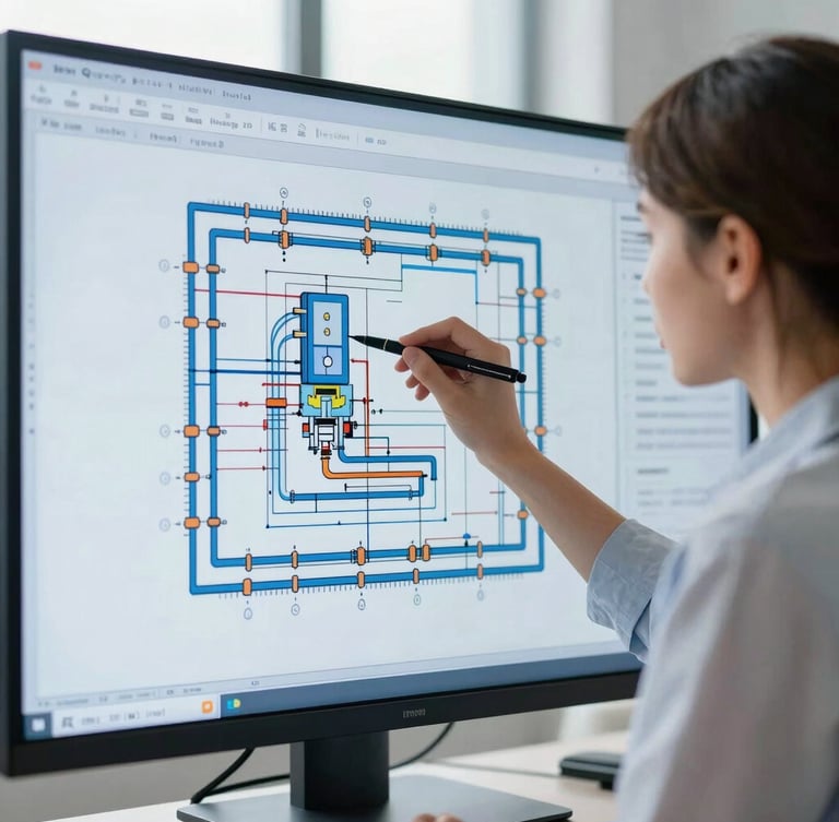 Crisp architectural photography of a young female engineer analyzing a complex MEP system layout on a large monitor, bright natural daylight, cool screen glow, technical blue tones.