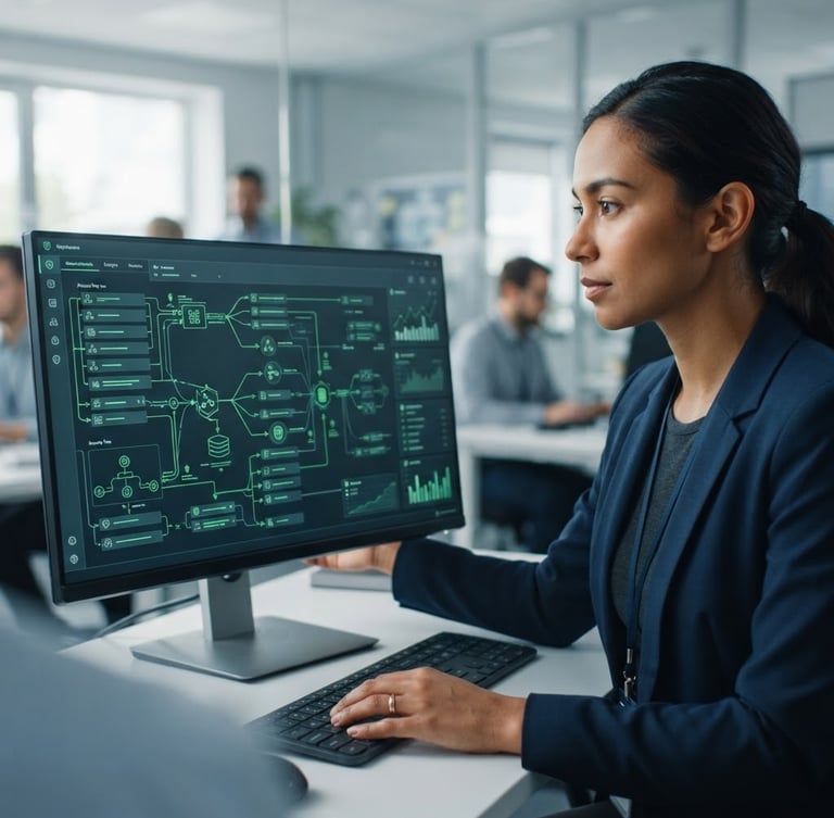Employee working on a secure digital interface, focused and professional, in a modern office with bright neutral daylight. Close-up on screen showing structured data flow, with a security-green accent.