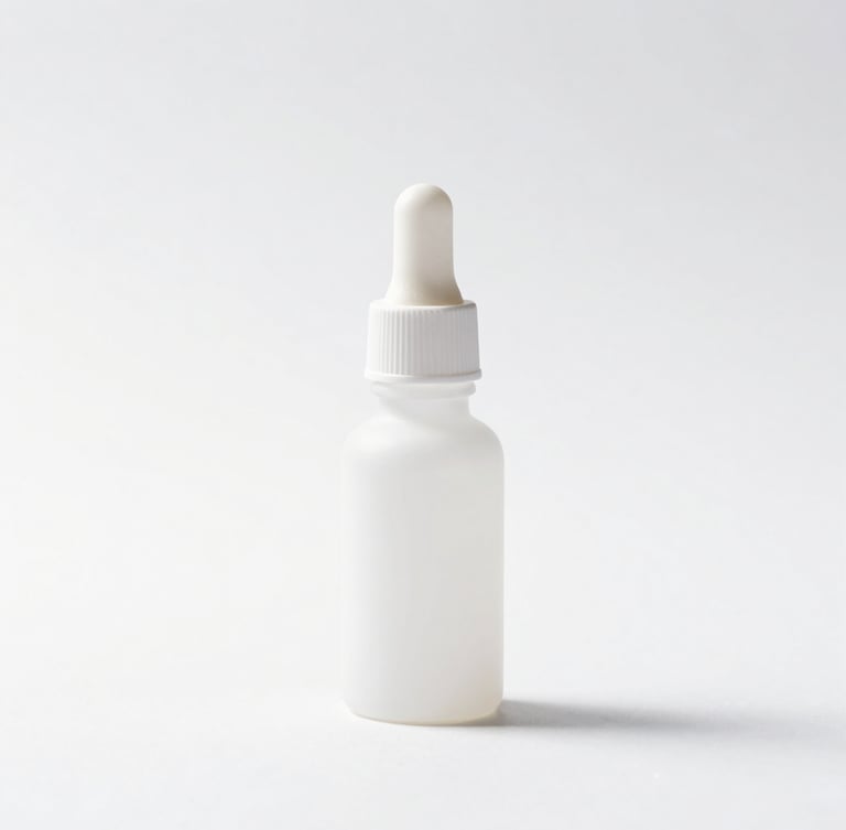 High-key studio photography of a single minimalist white glass pharmaceutical dropper bottle, sharp shadow, sterile white surface, macro focus