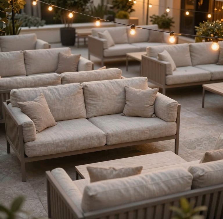 Overhead shot of a beautifully organized outdoor lounge area with neutral-toned linen sofas under glowing string lights at dusk.