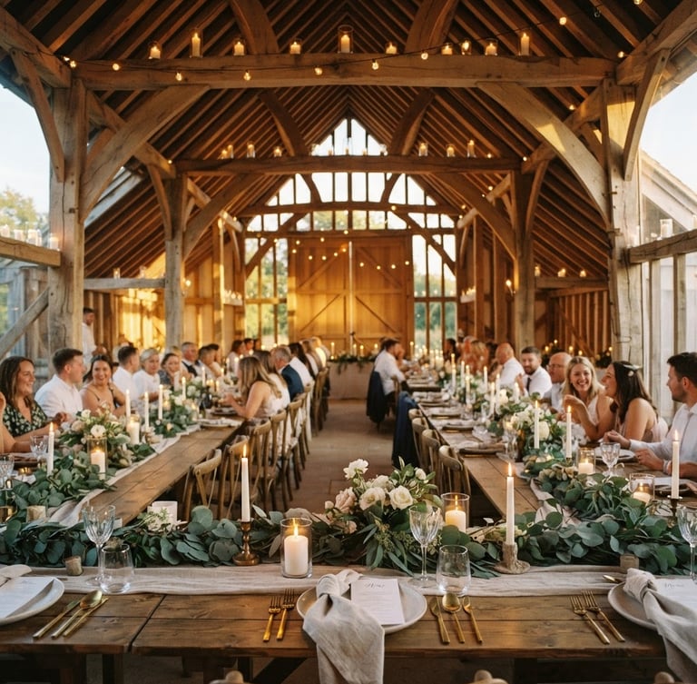 Warm editorial photography of a beautifully styled barn interior, high heritage timber rafters illuminated by glowing candlelight, long wooden tables adorned with wild eucalyptus and fine linen, golden hour natural light, 35mm