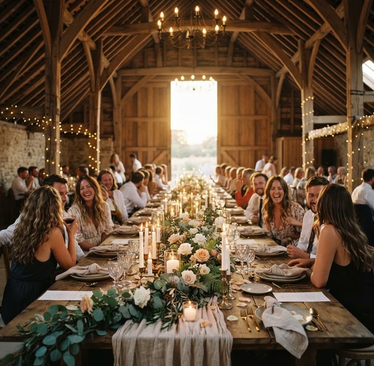 Warm candlelit long wooden table inside a rustic barn with high timber rafters, draped in soft linen and wild eucalyptus garlands, golden hour light filtering through open doors, editorial 35mm photography