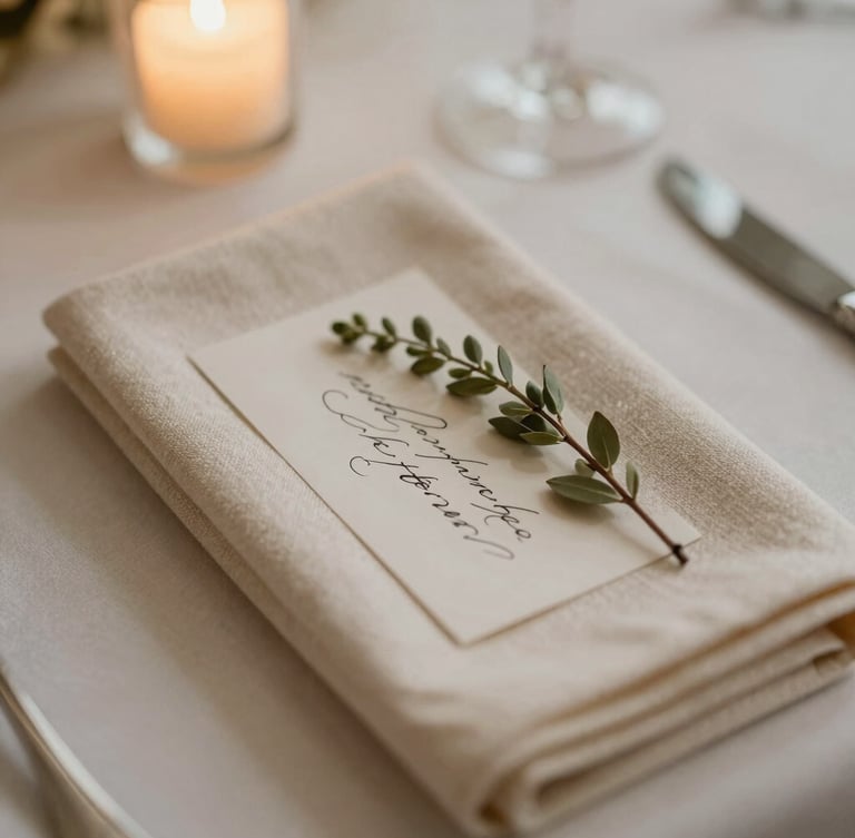 Close-up detail of a wedding table setting, textured cream linen napkin, delicate botanical sprig, handwritten calligraphy place card, warm candlelight, shallow depth of field, romantic.