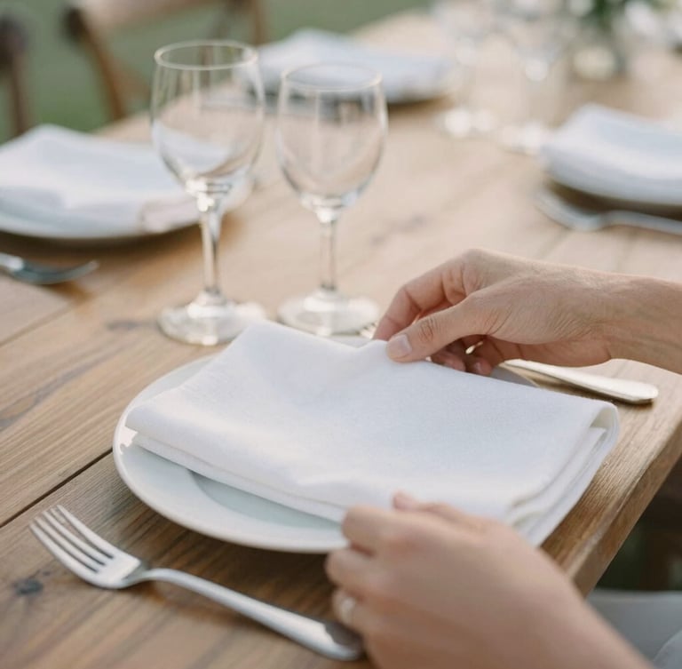Close-up of hands arranging delicate white linen napkins and elegant glassware on a rustic wooden table, soft diffused daylight, shallow depth of field.