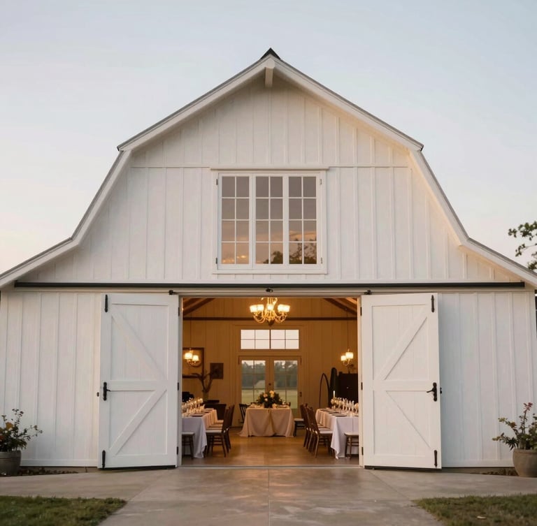 Wide environmental shot of a majestic timber barn at golden hour, elegant dinner tables visible inside through open double doors, warm inviting glow.