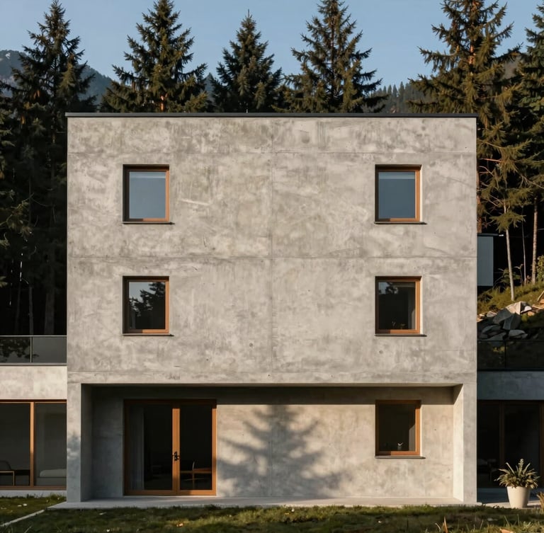 Straight-on architectural shot of a minimalist concrete hotel facade in the Bulgarian mountains, soft afternoon shadows, pine trees in background